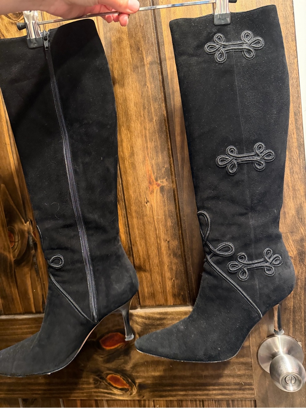 Manolo Blahnik Black Suede Over-the-Knee Heeled Boots with Decorative Braid